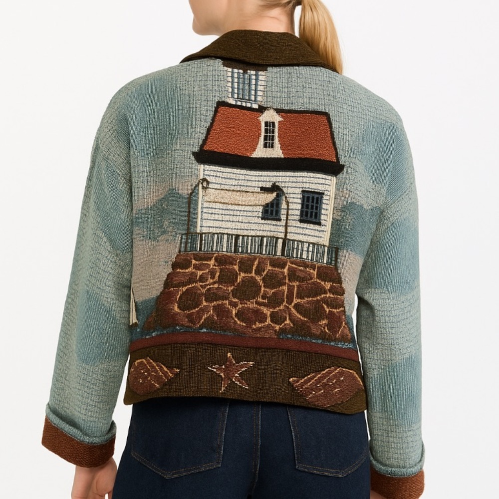 Vintage 90’s Painted Pony's Tapestry Lighthouse Nautical Jacket Size Large NWT - Picture 2 of 16